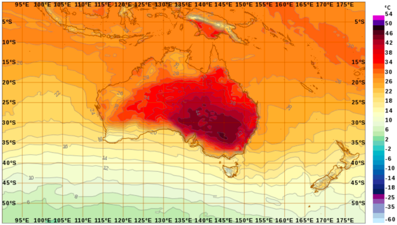 El parte meteorológico de estos días en Australia, con temperaturas de 38 a 46 grados celsius. Foto: Oficina de meterología